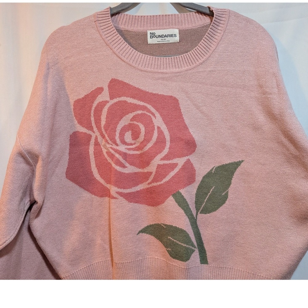Retro Pale Baby Pink 2XL Valentine's Rose Graphic Crewneck Cropped Knit Sweater - Picture 3 of 7